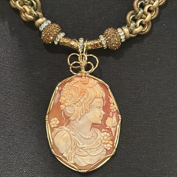 Cameo Statement Necklace pave bronze white rhinestone Beads 14k Handmade - Picture 6 of 11